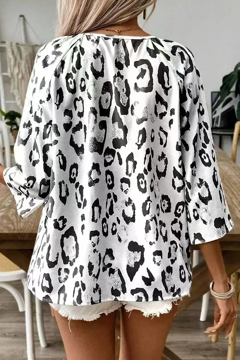 Vintage Leopard Print Elegant Shirt Women 2025 Spring Summer New Tops Stand Neck Long Sleeve Patchwork Shirts & Blouses Blusas