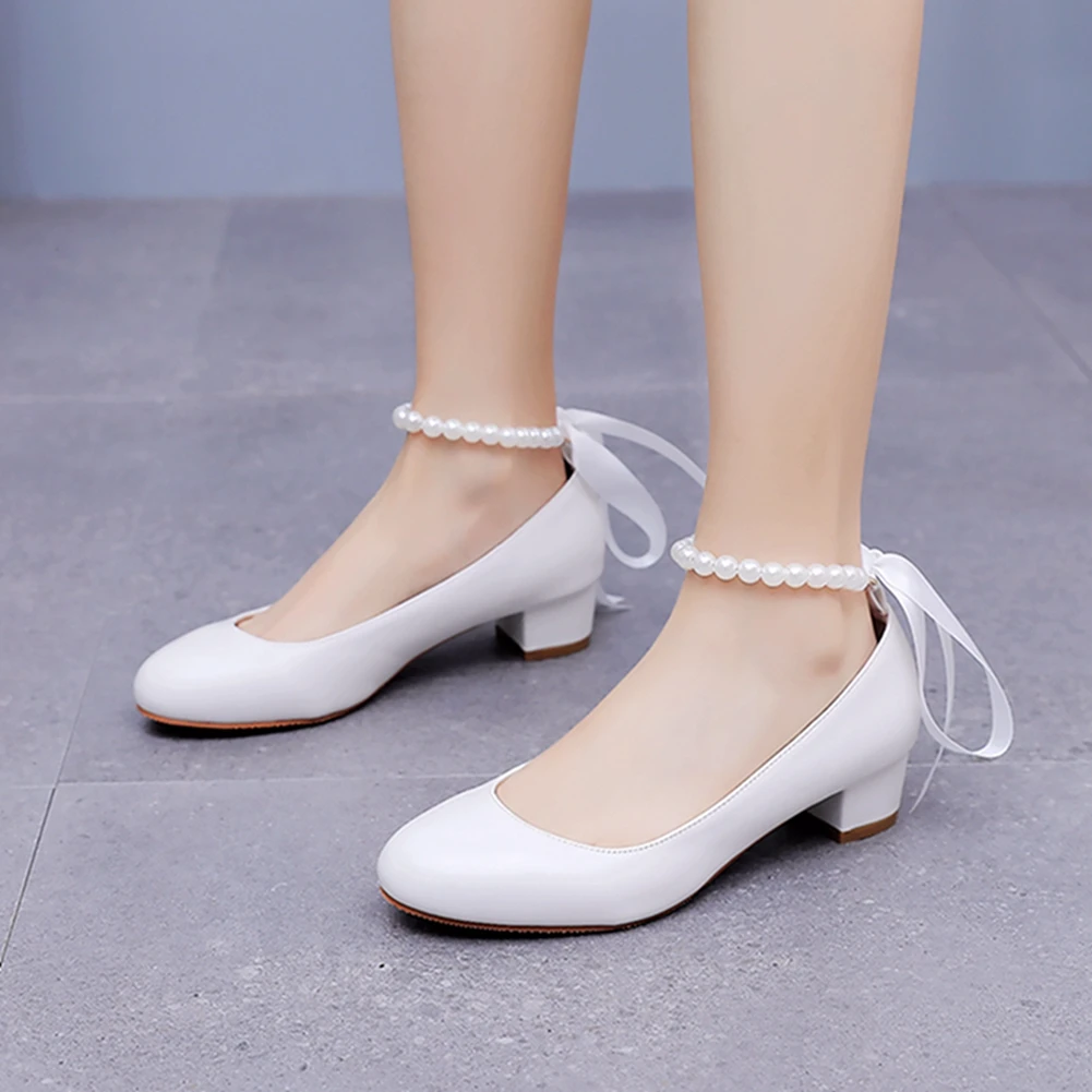 Crystal Queen White Women Shoes Sexy Bride Party 3CM Pointed Toe Pumps Round Head Shallow Thick High Heels 03BDL