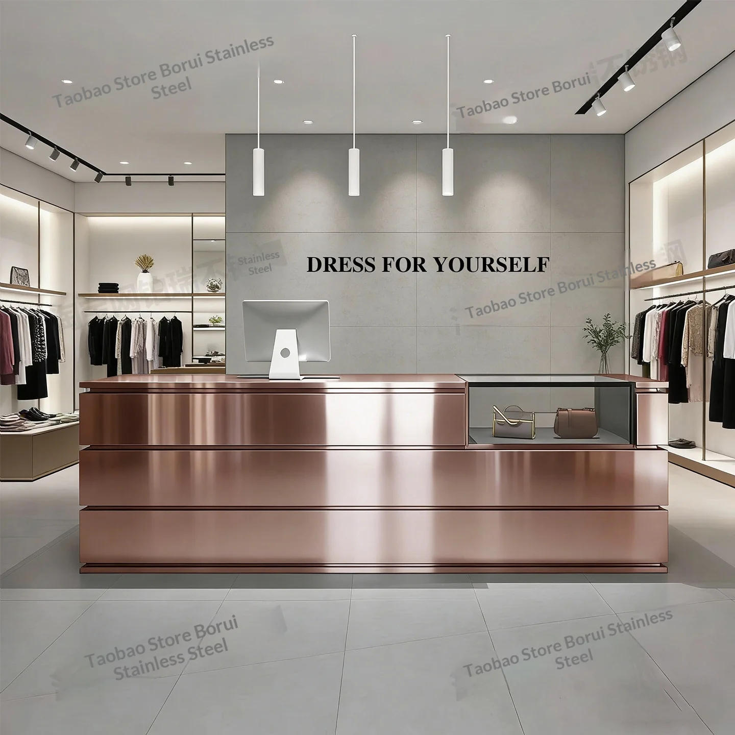 QT-273X Stainless Steel Light Luxury High-End Reception Desk For Clothing Store & Beauty Salon Industrial Style Complete