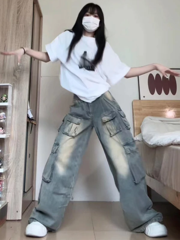 

High Waist Straight Leg Workwear Denim Pants Women's American Style Retro Large Size Floor Length Bootcut Trousers