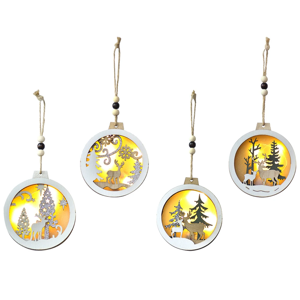 4pcs Wooden Christmas Flash Pendant Hanging Decor Ornaments For Tree Home Hotel Restaurant Long Lasting Creative Design