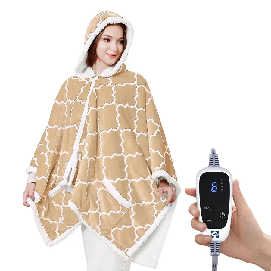 

Wearable Heated Throw Blanket, Flannel amp Sherpa Electric Throw Shawl Poncho with Hoodie amp Pocket, 6 Heating Levels amp 210 H