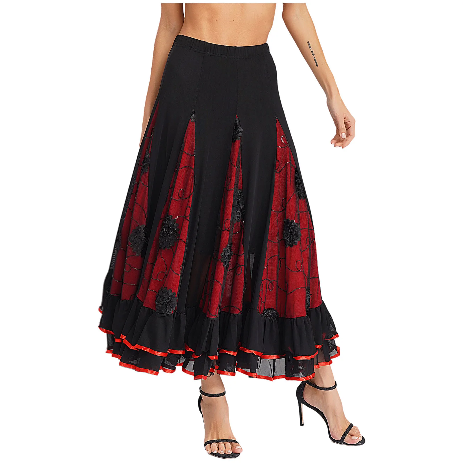 Gonne altalena da donna Costume classico per Flamenco Valzer spagnolo Costume da ballo da sala Gonne lunghe con paillettes floreali con orlo arricciato