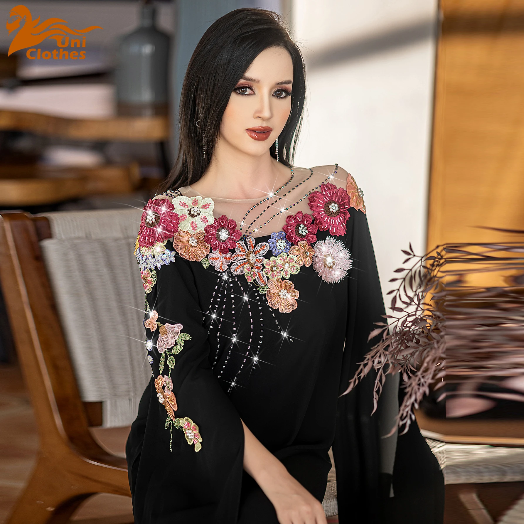 

UNI Party Dress for Women Abaya Long Sleeve Slash Neck Diamond Party Caftan Robe Jalabiya Morocco Kaftan Vestidos Largos Ramadan