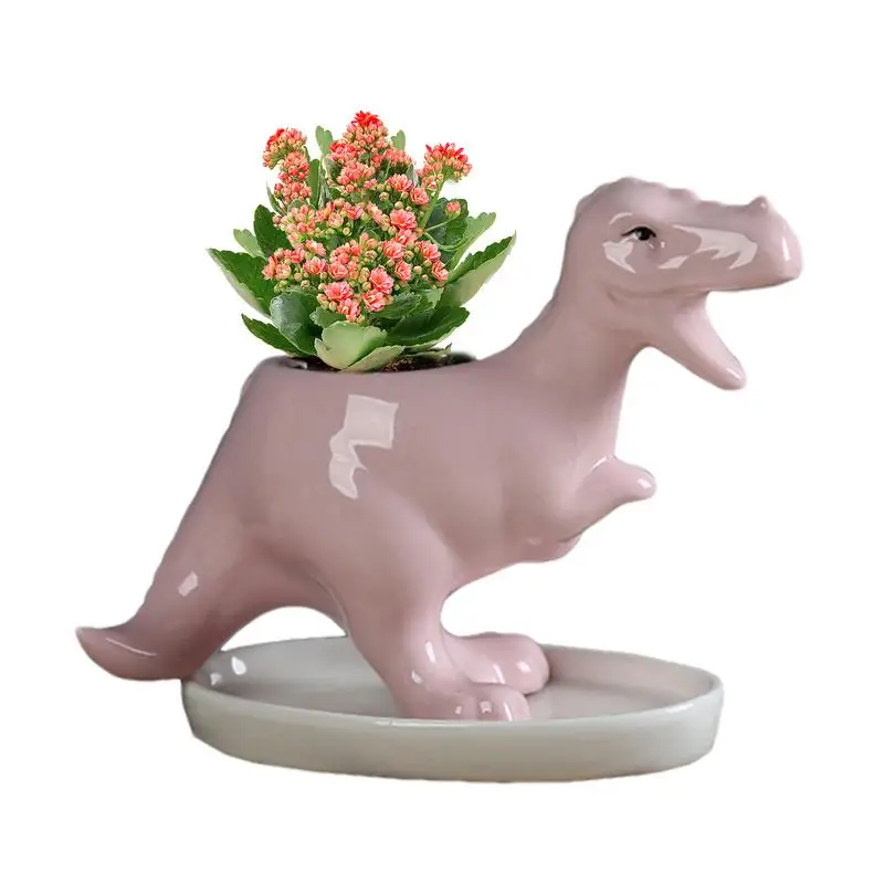 Dinosaur Planter Adorable Ceramic Succulent Planter With Tray Flower Container Animal Plant Pot Tabletop Bonsai Cactus Flower