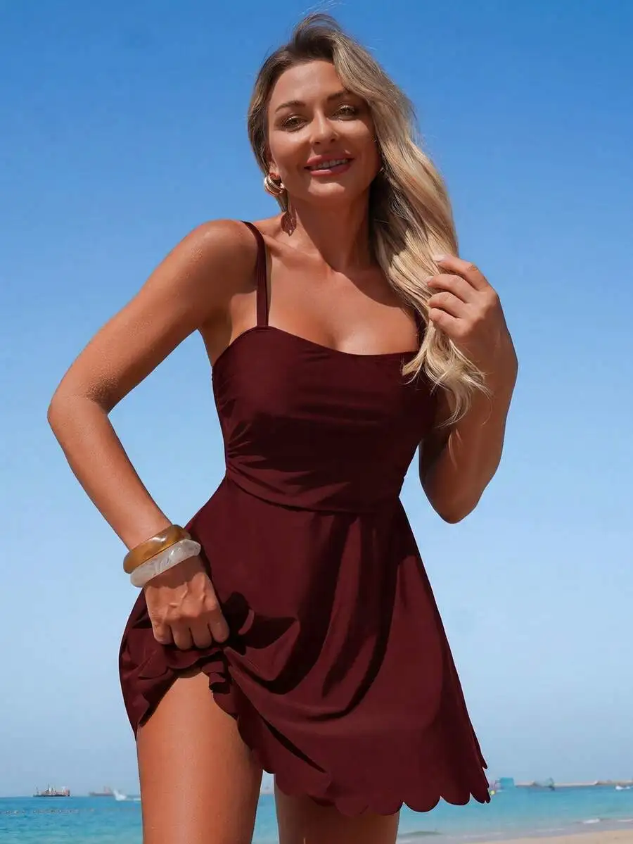 

Women Solid Color Strap Ruffle Trim Beach Swimsuit Dress Summer Plus Size Bikini Set for Women Push Up High Waist Swimsuit
