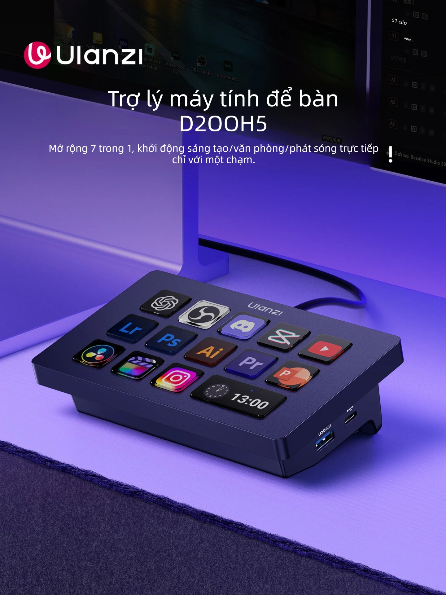 Ulanzi | Bộ Điều Khiển Máy Tính Để Bàn D200H, 15 Phím LCD & 2 Núm Xoay
