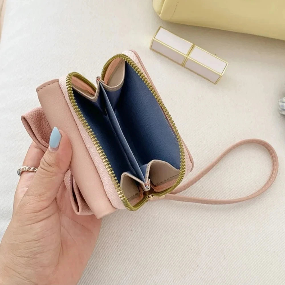 Cute Women Pu Leather Bow Short Wallet Korean Style Multifunctional Triple Fold Wallet Coin Purse Card Bag Clutch Bag Girls