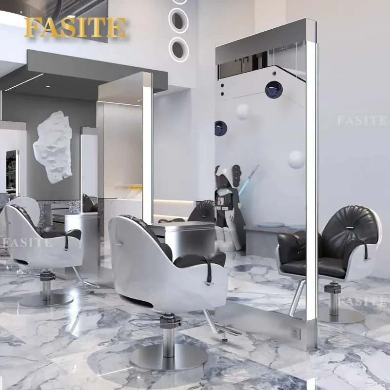 For Hair Floor to Ceiling Mirror with LED Light Luxury Double Sided Large Barber Shop Mirror for Haircut Perm Dyeing