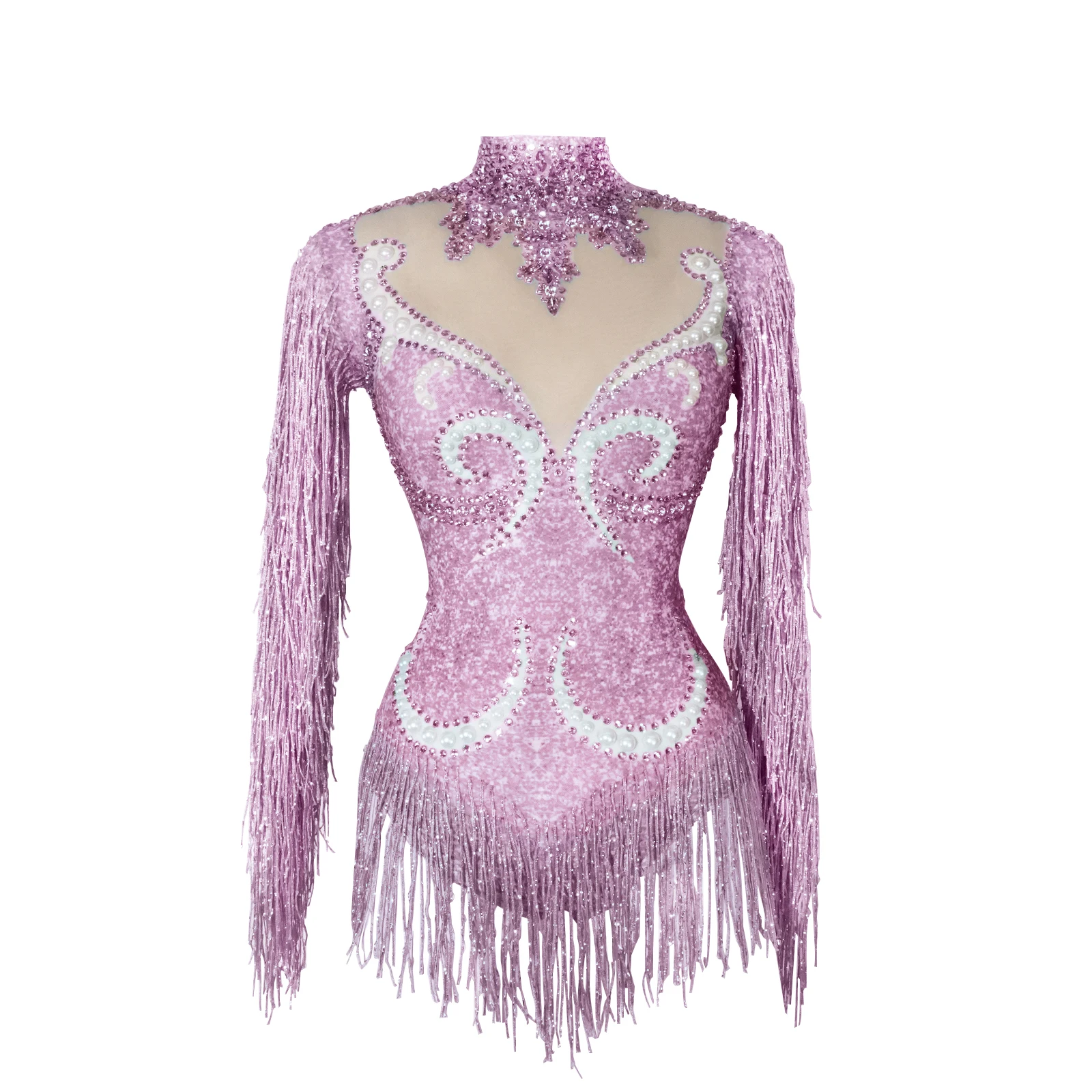 Custom Sexy fringe rhinestones bodysuit women team dance performance tights Club bar stage show leotard Mesh perspective costume