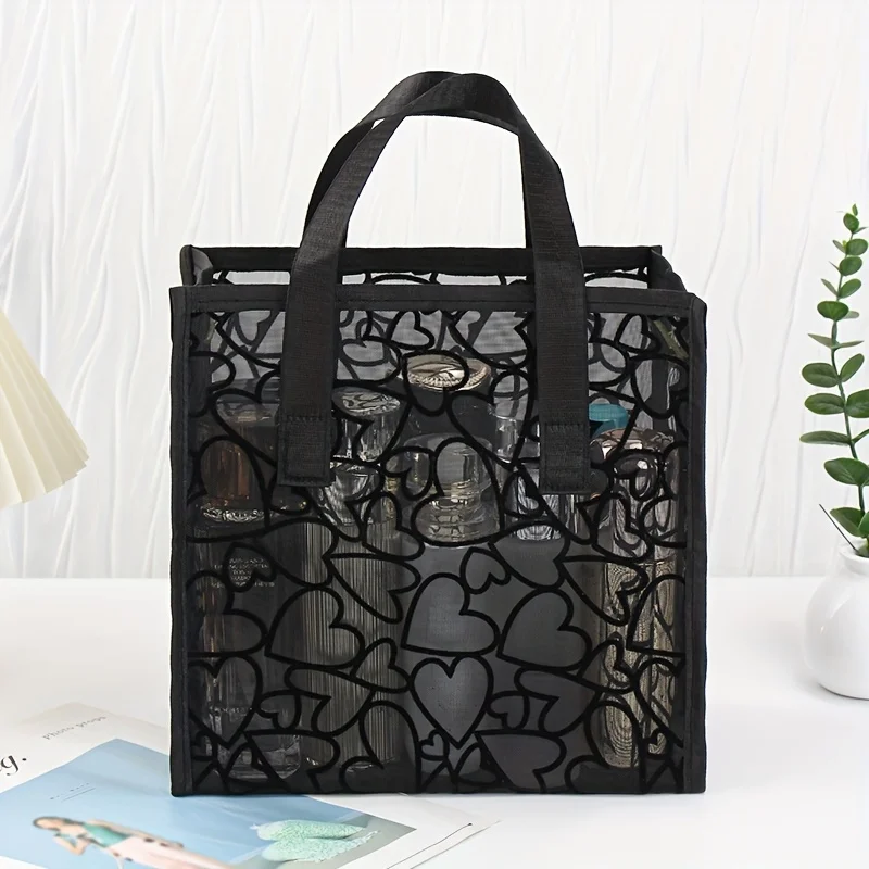 Black Mesh Heart Pattern Tote Bag - Light,Breathable for Travel & Beach with Double Handles, Makeup Storage, Oversized Beach Bag