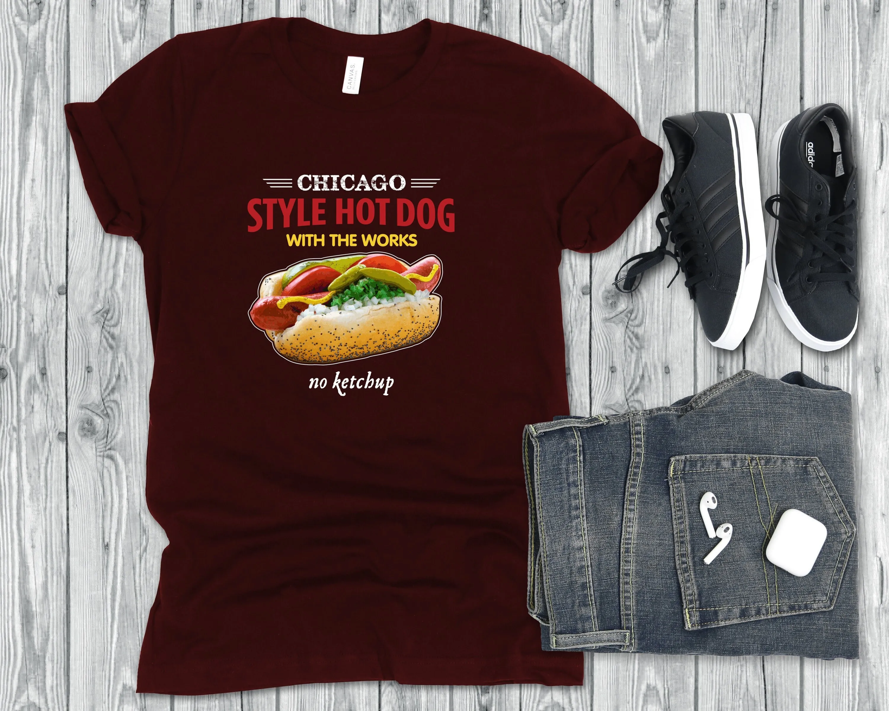 

Chicago Style Hot Dog with the Works food shirt for Foodie Men No Ketchup T