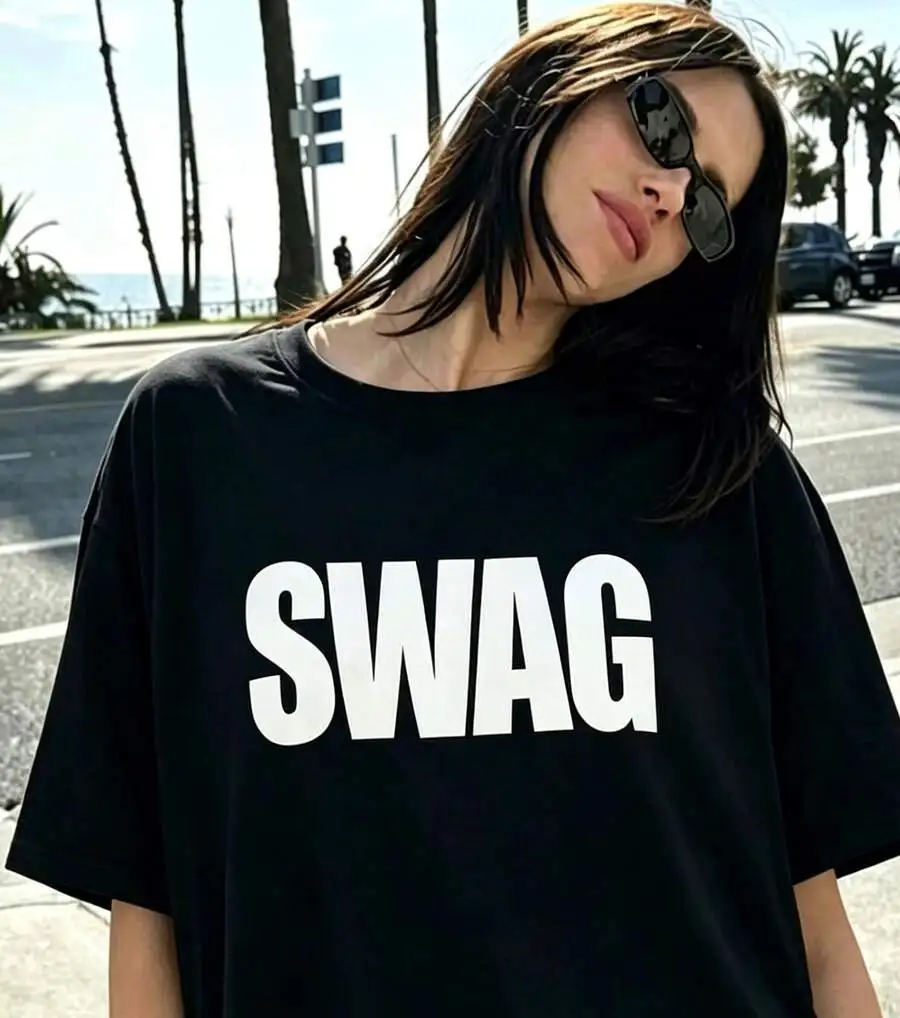 Women's SWAG Bold Letter Print Loose Fit Casual Short Sleeve Crew Neck 100% Cotton Streetwear Graphic T‑Shirt Tee Top