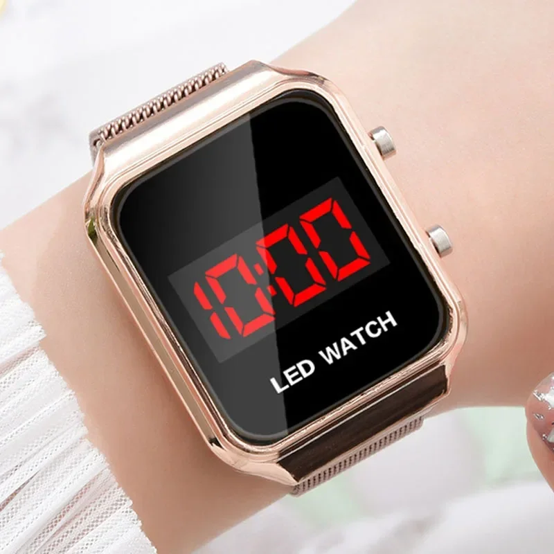 2020 Men LED Digital Watches Fashion Magnetic Buckle Rectangle Watches Men Rose Gold Stainless Steel Mesh Band Electronic Watch