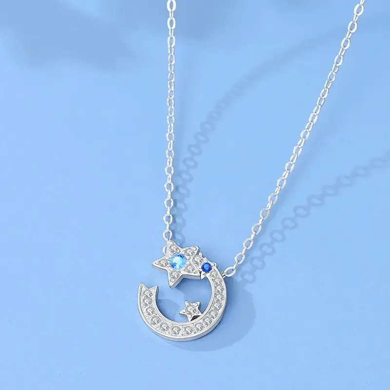 

Sterling Silver 925 Semicircle Meteor Blue Zircon Moon Pendant Zircon Necklaces for Women Anniversary Fine Jewelry Gift Female