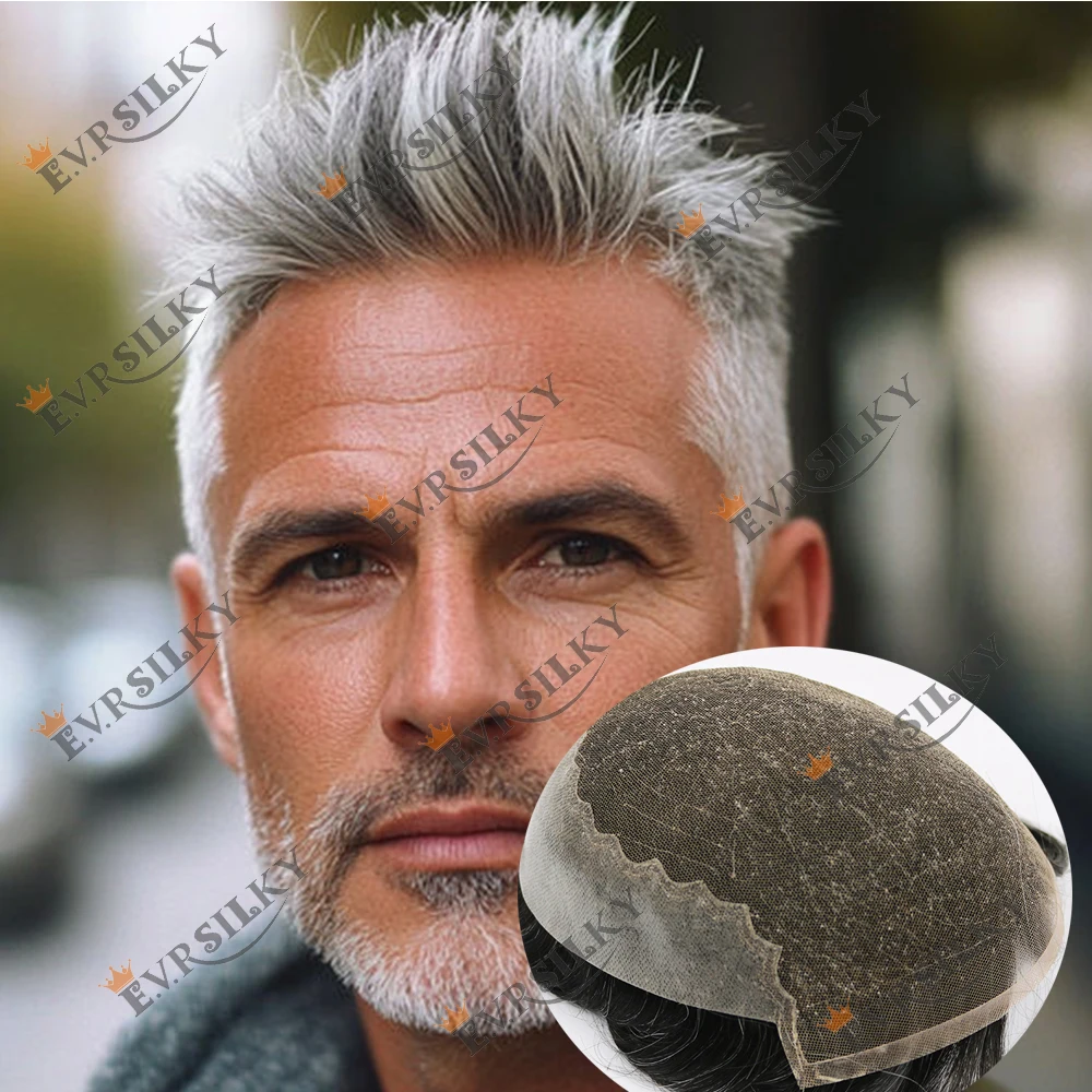 1B80 1B40 1b65 رمادي أسود خط الشعر الطبيعي عقدة ابيض دائم الدانتيل الفرنسي الاصطناعية تنفس Q6 شعر الإنسان الشعر المستعار للرجال #1