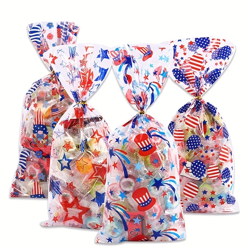 50pcs Independence Day OPP Candy Snack Bag Independence Day American Flag Print Beauty Independence Day Flat Mouth Gift Bag