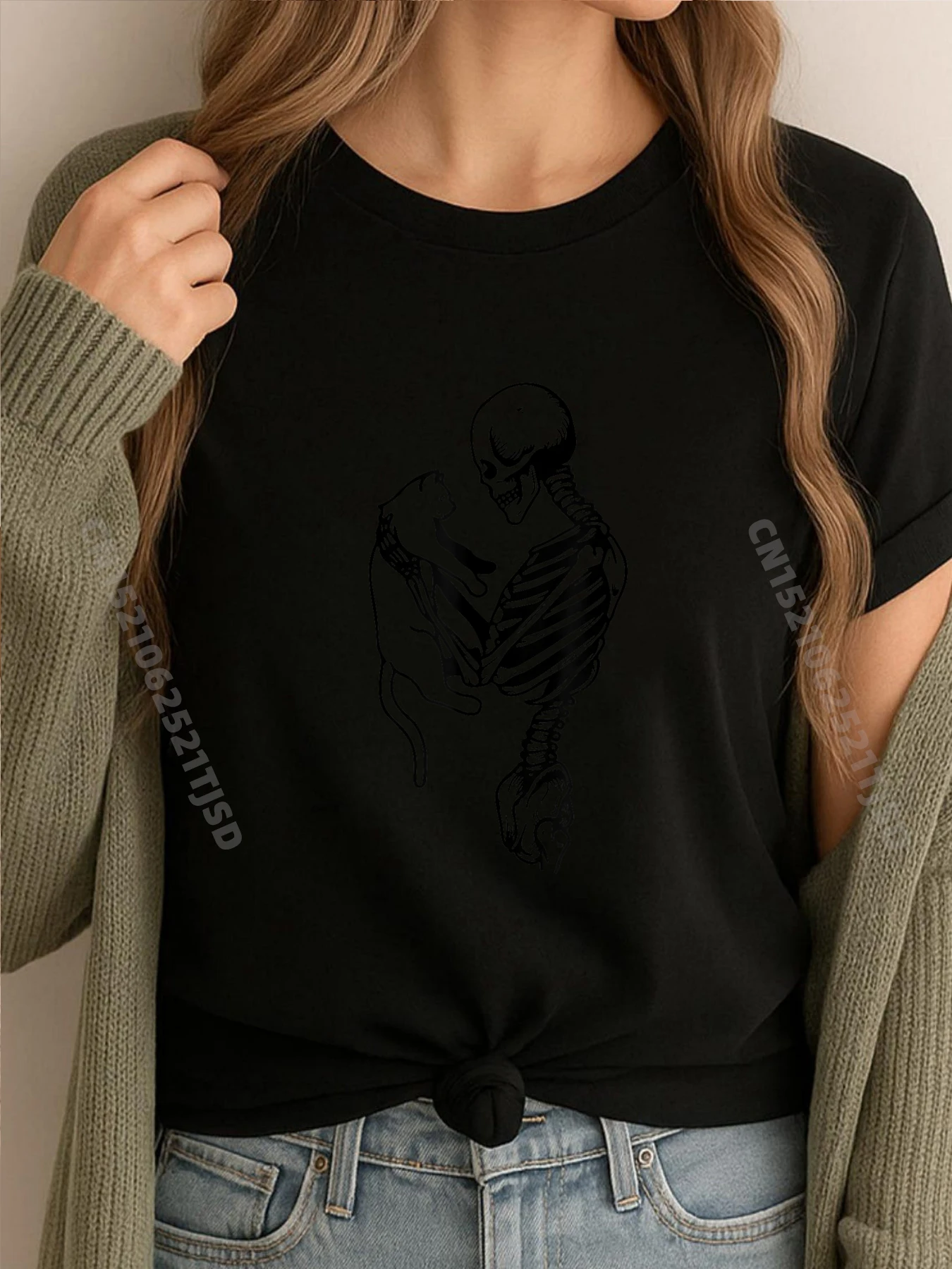 

Любитель скелета и кошки, милый кот, женский костюм на Хэллоуин, осенняя одежда, эстетическая футболка, потертый подарок