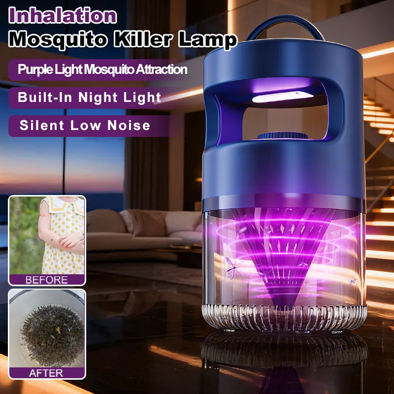 2-in-1 Inhalation Mosquito Killer Lamp with Night Light Rechargeable Blue UV Light Electric Shock Bug Zapper for Indoor & Patio