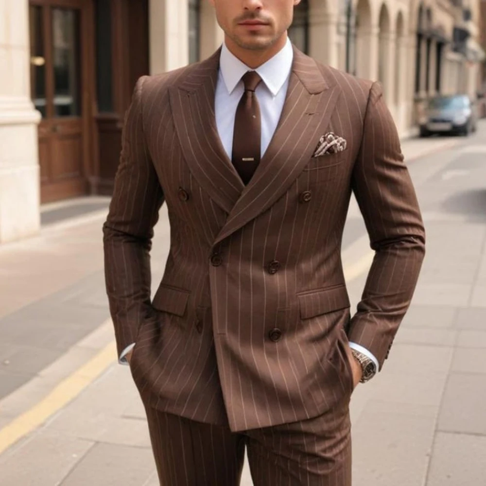 Fashion Double Breasted Peak Lapel Blazer Brown Stripe Regular Length Men\'s Suits Custom Wedding 2 Piece Jacket Pants Outfits