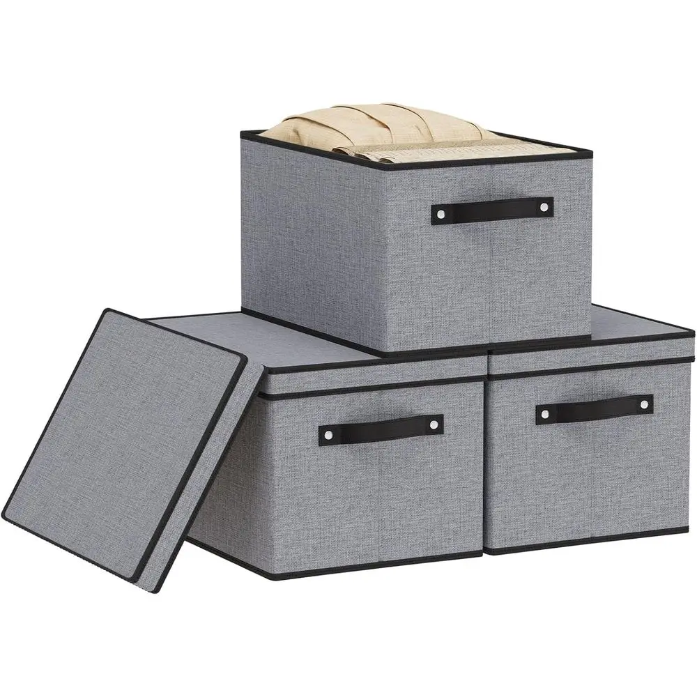 

Коробки для хранения с крышками, декоративные льняные контейнеры для полок, тканевый органайзер для шкафа с ручками, серый, 16,5 x 11,8 x 10