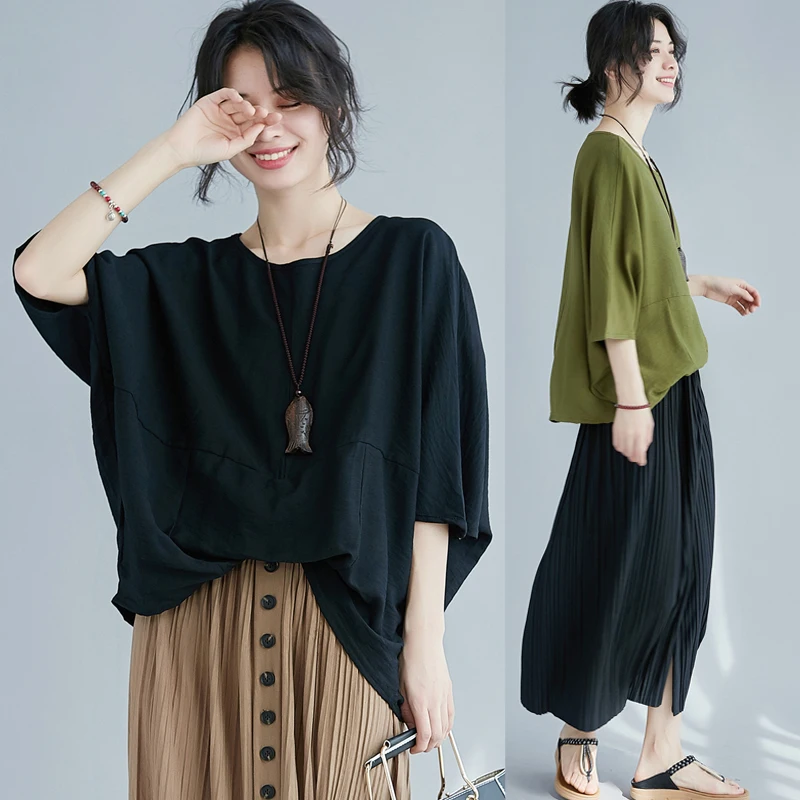 

Свободная летняя хлопково-льняная футболка Batwing Sve, большие размеры, круглый женский цветной повседневный топ Ne с асимметричным сращиванием