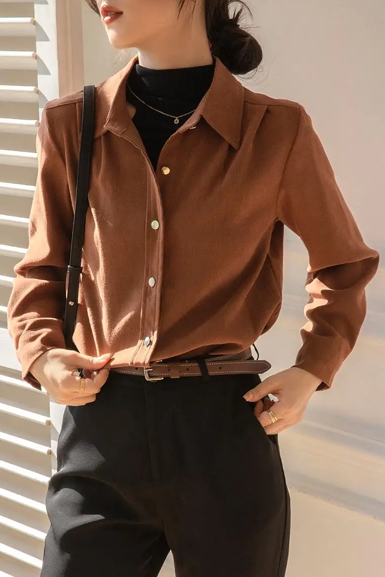 Women Elegant Blouse Casual Solid Solor Tops Long Sleeve Loose Fit Shirt With Button Business Warm Clothes Blusas Winter