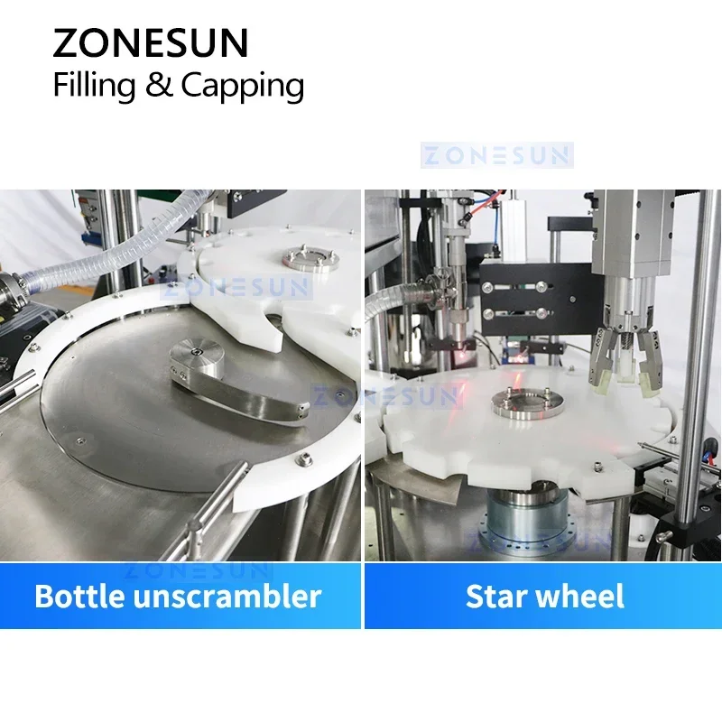 ZONESUN مضخة المكبس الأوتوماتيكية آلة تعبئة السوائل قطعة واحدة الكل في واحد مع معدات تغليف تغذية الغطاء ZS-AFC24