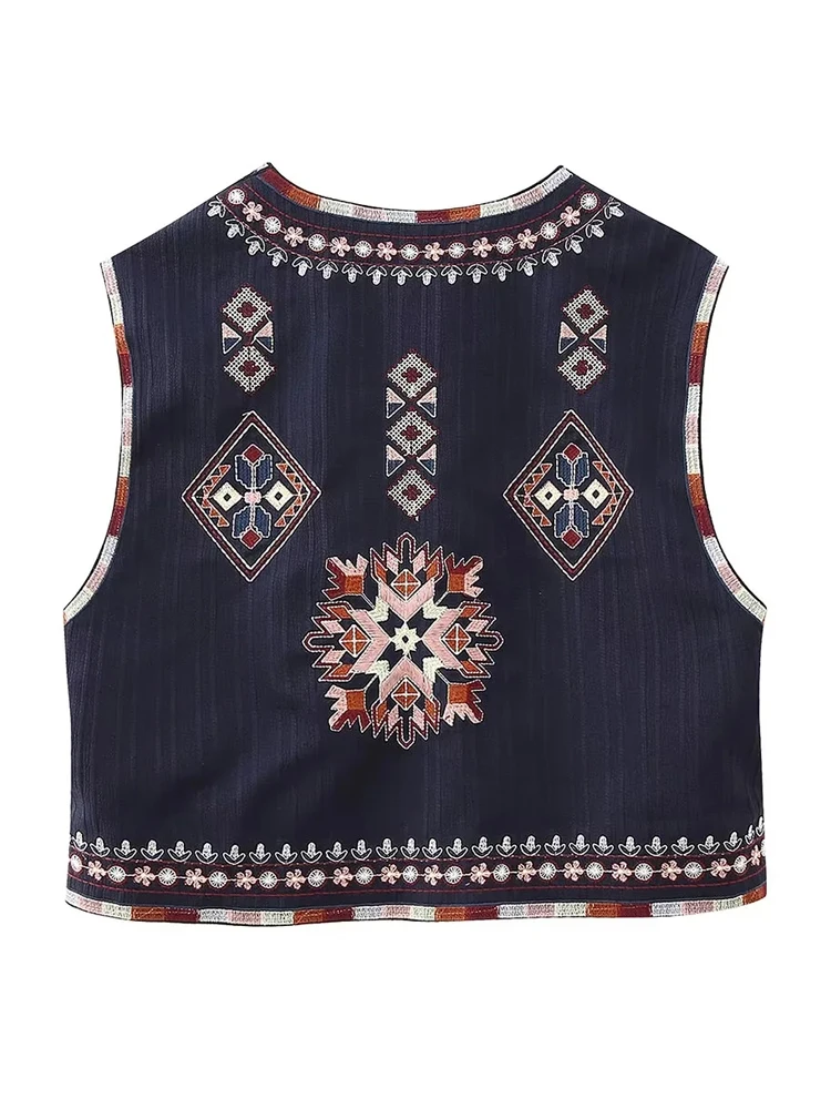 PAILETE Women 2023 fashion embroidery cropped open waistcoat vintage o neck sleeveless female outerwear chic vest tops