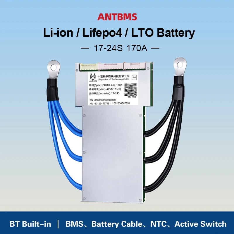 

Умная плата BMS SMART ANT для Li-ion, LiFePO4, LTO аккумуляторов 17S-24S, 24В-60В, 170А (постоянный ток), с функцией балансировки