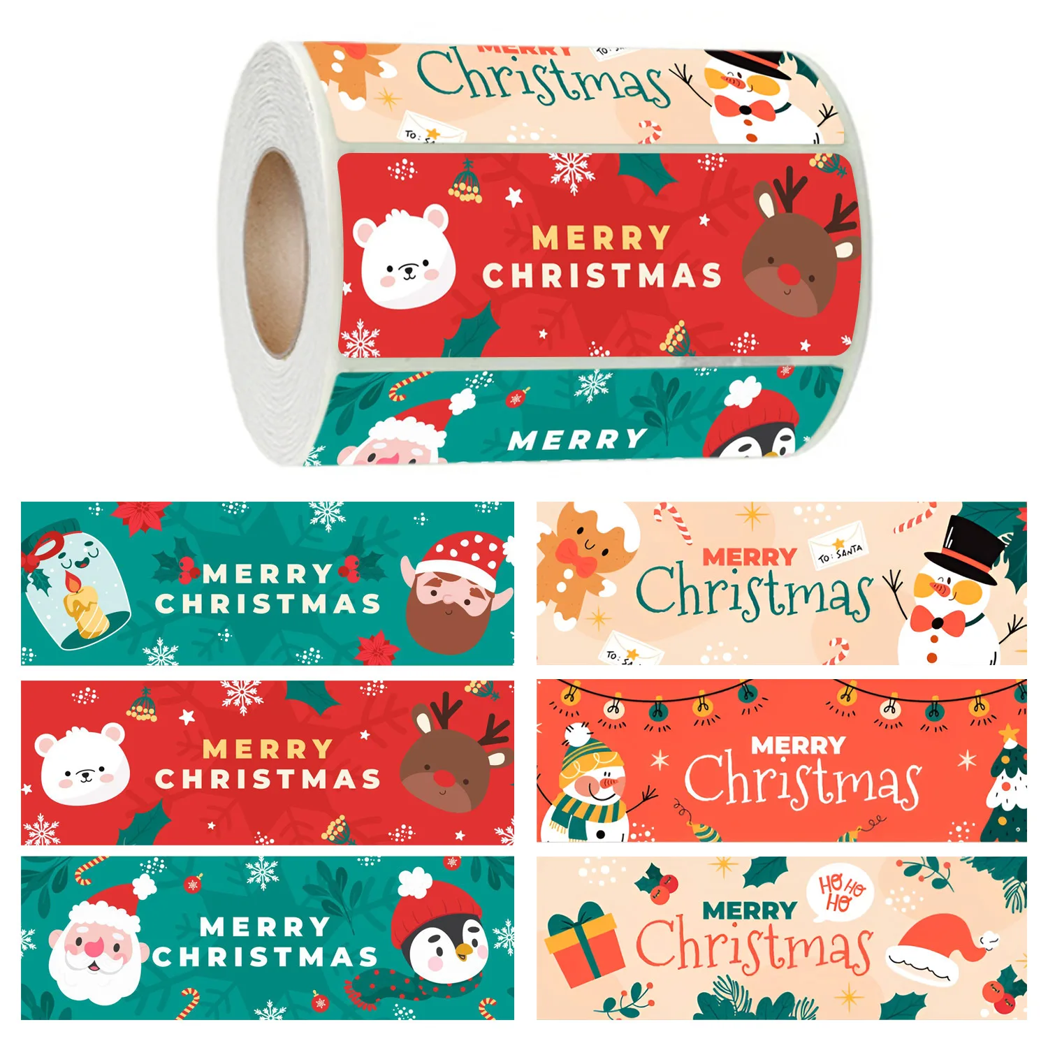 300 Pcs Cute Christmas Roll Stickers Rectangular Sealing Labels Cartoon Santa Snowman for Gift Wrapping Holiday Decor
