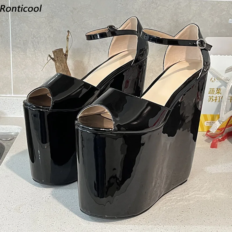 

Ronticool/женские летние сандалии ручной работы, элегантные черные туфли на очень высокой танкетке с открытым носком, размер США, большие размеры 4-15
