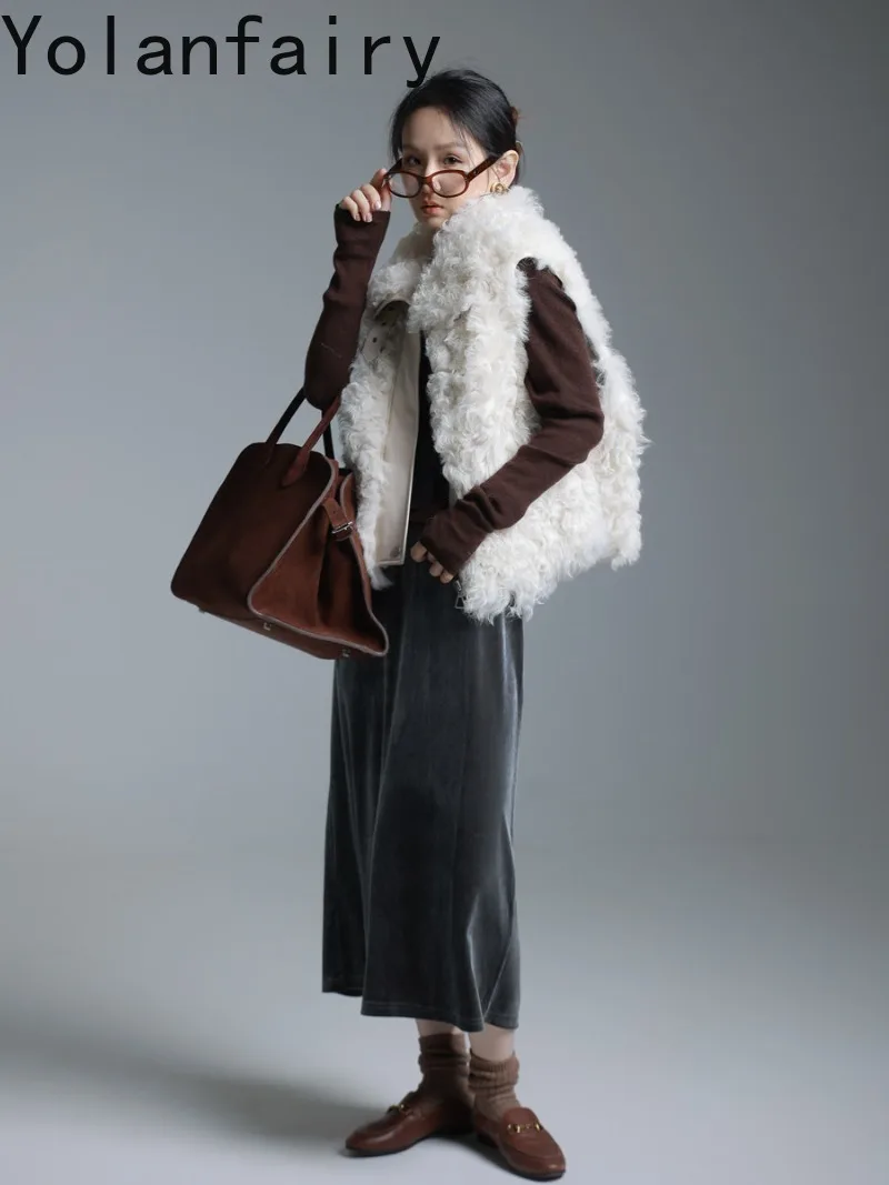 YOLANFAIRY Natural Sheepskin Fur Integrated Vest for Woman Autumn Winter Moto Jacket Cropped Sleeveless Real Fur Coat Waistcoat