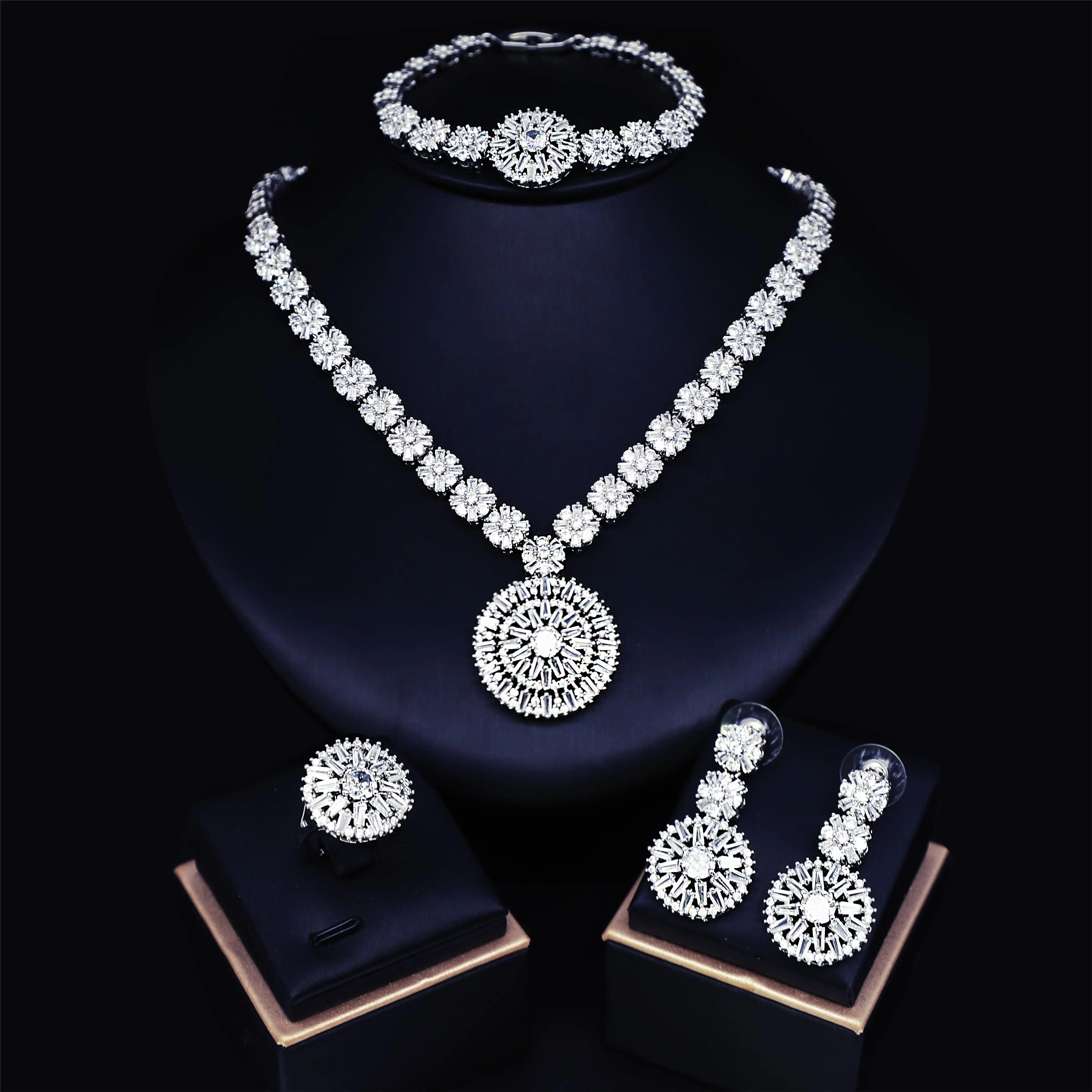 Elegant Women's Wedding Jewelry African Zirconia Round Bridal Necklace Bracelet and Earring Set Bracelet Ring 4-piece Set