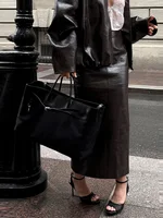 Street Woman Leather Two Piece Set Retro Lapel Zipper Jacket High Waist Straight Long Skirt Fashion Versatile Women's New Suits - Image 3