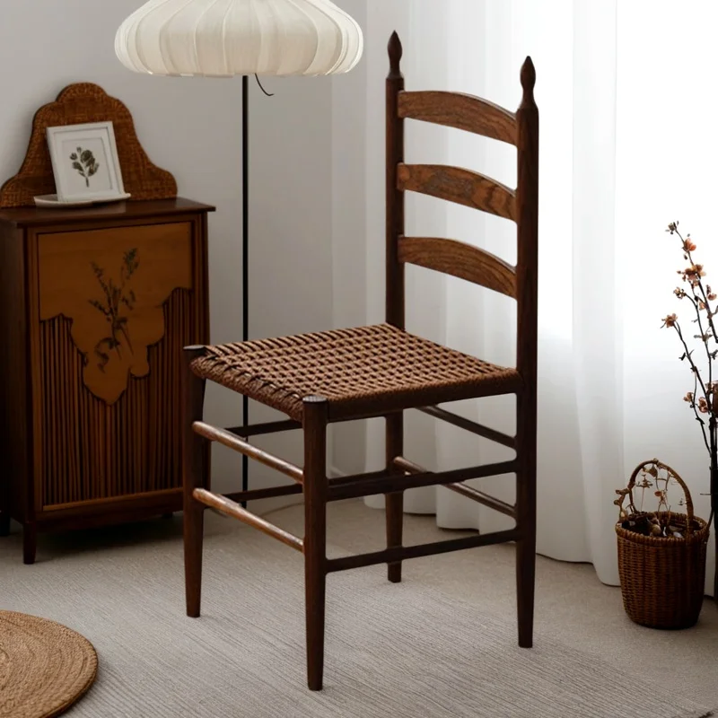 Nordic Solid Wood Cafe Chair, Shaker Rope Woven Seat, Retro Backrest Stool, Vintage Vanity Makeup Bench for Boho Home Decor