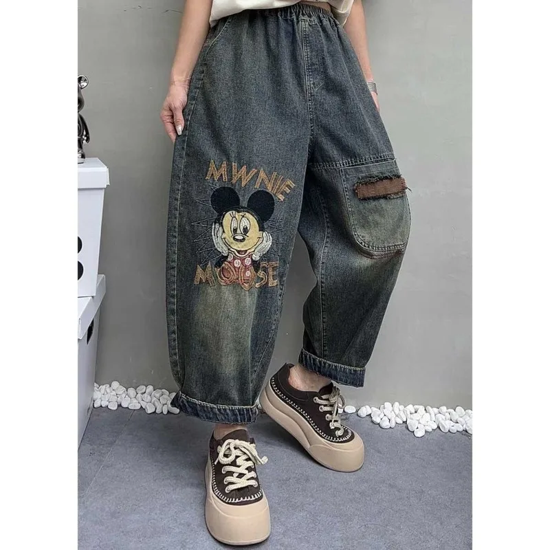

pants Disney Spring New Fashion Women's Embroidered Mickey Denim Jeans Plus Size Loose Harem Carrot Pants Cropped 9 Length Jeans