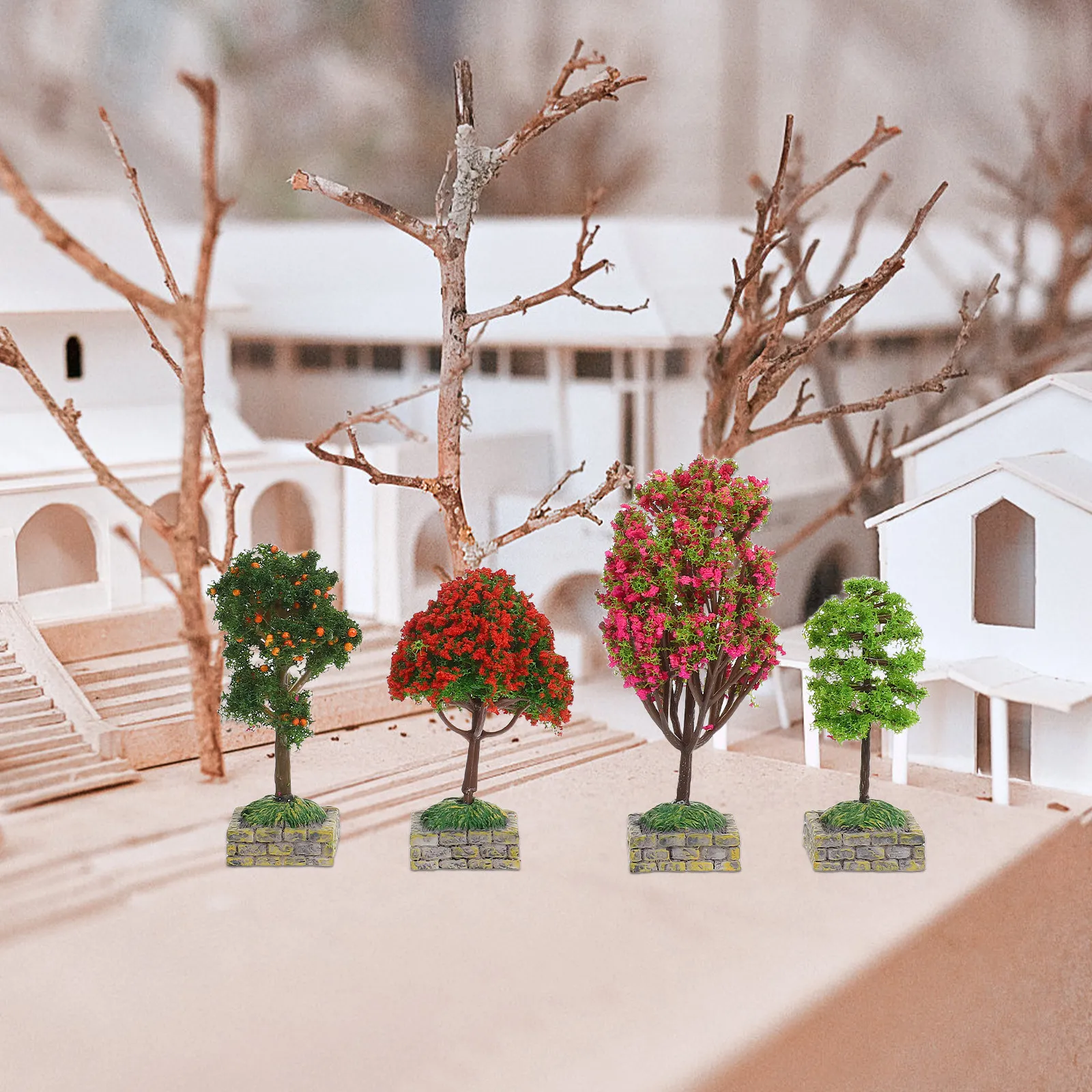 4Pcs Fake Miniature Trees Realistic Detailing Plastic Micro Garden Diorama Decoration for Dollhouse Outdoor Scene DIY Project