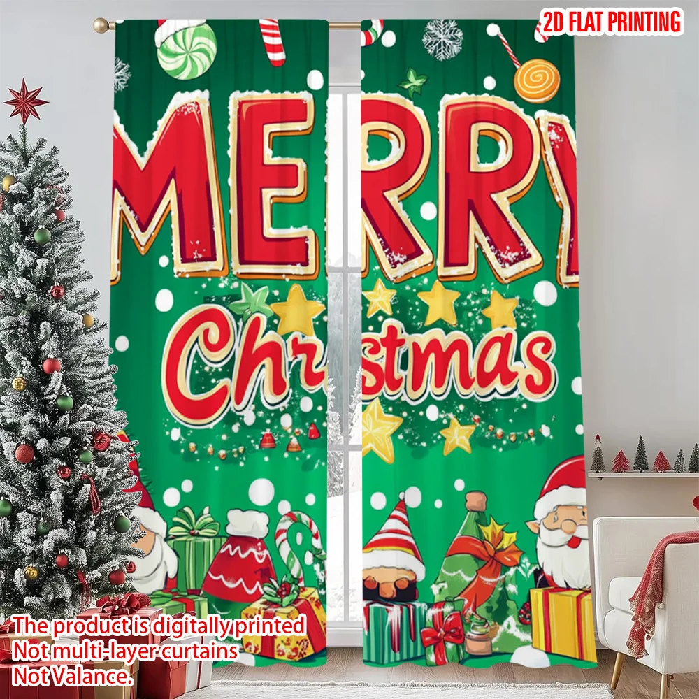 

2pcs 2D flat printing Merry Christmas Popular Party Window Curtains Santa Claus_ gingerbread man and candy canes Versatile