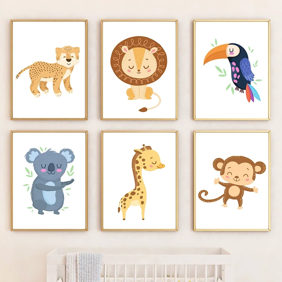 

Cute Jungle Animals Lion Giraffe Toucan Monkey Nordic Posters And Prints Wall Art Canvas Painting Wall Pictures Kids Room Decor