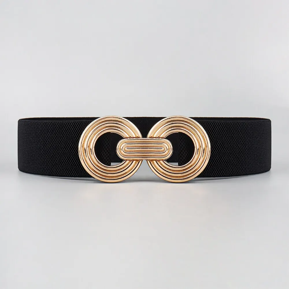 Double Circle Gold Buckle Black Elastic Wide Waist Belt For Dress