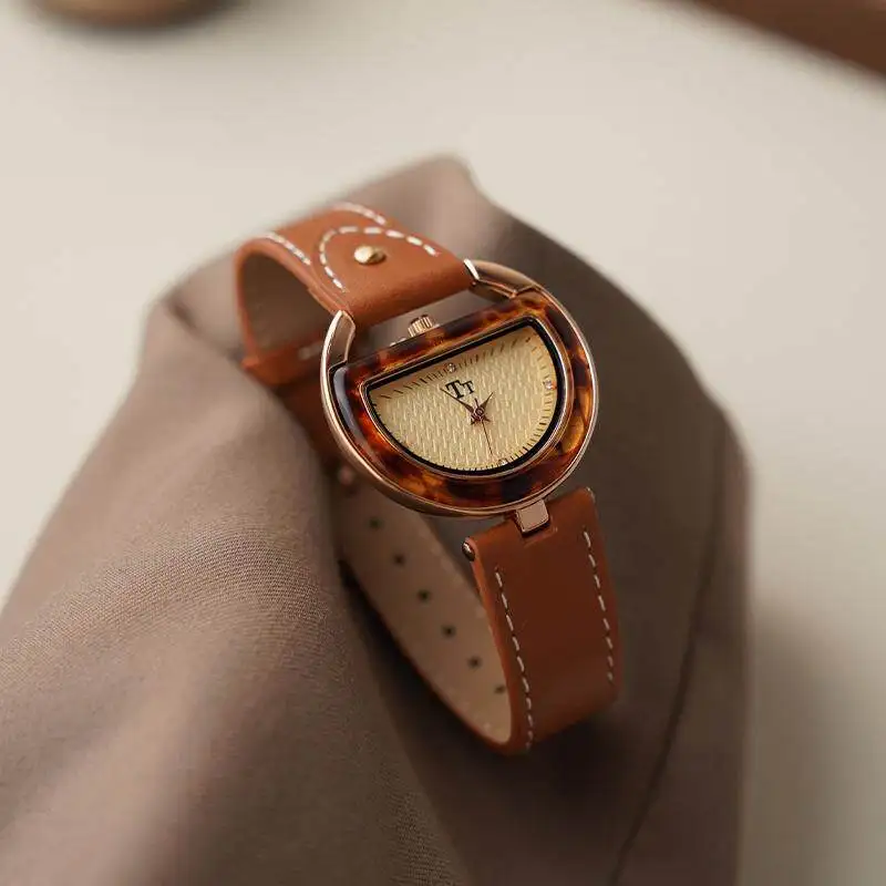 

New Half-moon Disc Retro Sexy Leather Brand Women's Watch Birthday Gift Niche Tortoiseshell Genuine Watch for Women