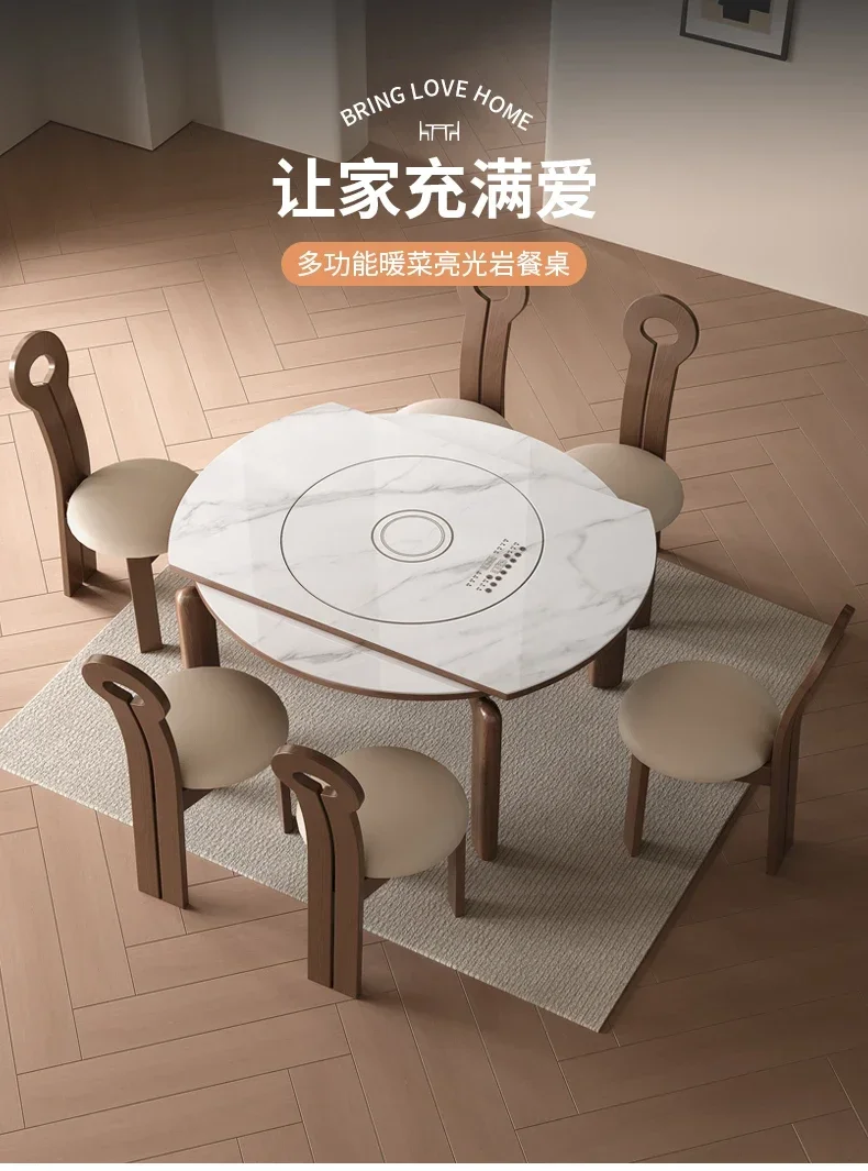 Medieval solid wood rock slab dining table Small apartment with induction cooker turntable Foldable round table