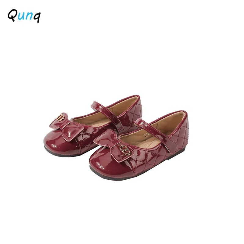 Qunq 2023 Spring and Autumn New Fashion Elegant Solid Color Girl Bow Soft Sole Girl Princess Leather Shoes crocs kids shoes