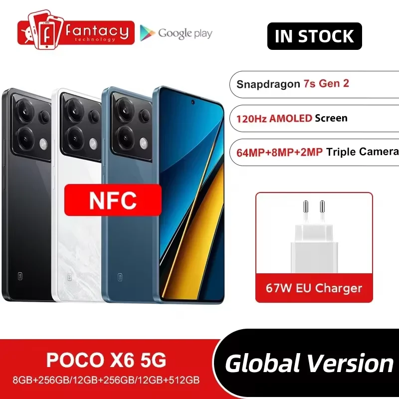 Global Version POCO X6 5G Snapdragon 7s Gen 2 120Hz Flow AMOLED Display 67W Charger 64MP Camera with OIS NFC