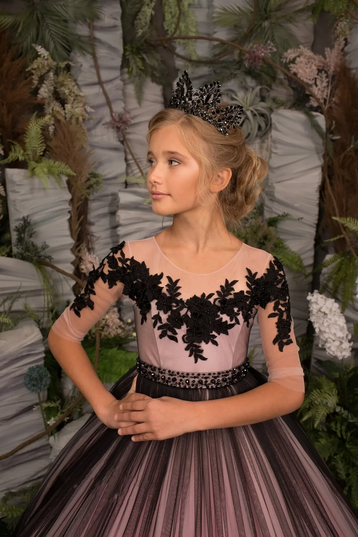 Exquisite Black Pink Flower Girl Dress 3/4 Sleeve Beaded Appliques Birthday Party Wedding Dress Child Pageant Princess Dress