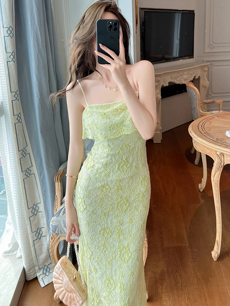 Women's Clothes Sweet Party Dress for Woman Elegant Vacation Green Lace Strap Ruffles Fishtail Robe Female Holiday Beach Vestido