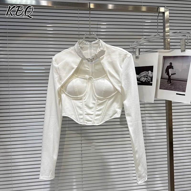 

KBQ Solid Slimming Designer Short T Shirts For Women Round Neck Long Sleeve Spring Party Temperament T Shirt Female Fashion New