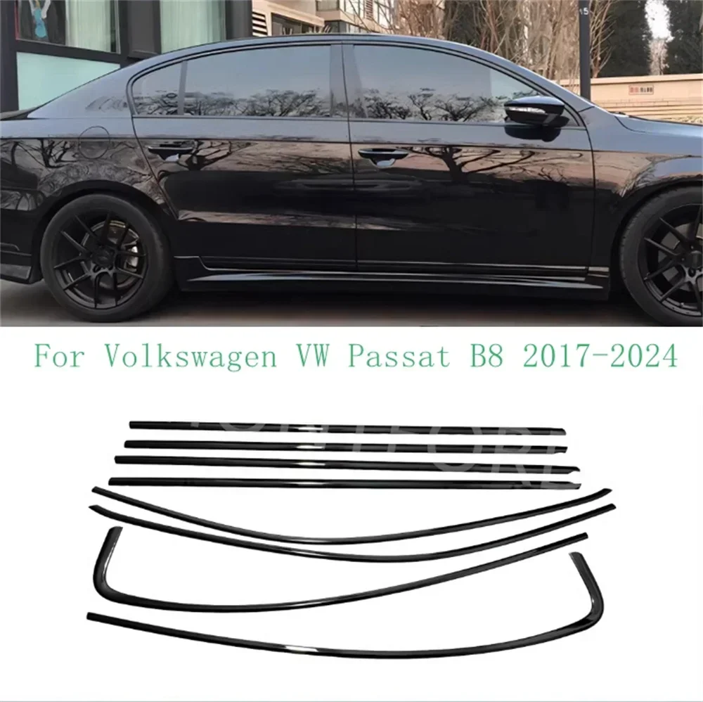 

car styling Black Steel Window Molding Frame Strips Trim Cover For For Volkswagen VW Passat B8 2014-2024