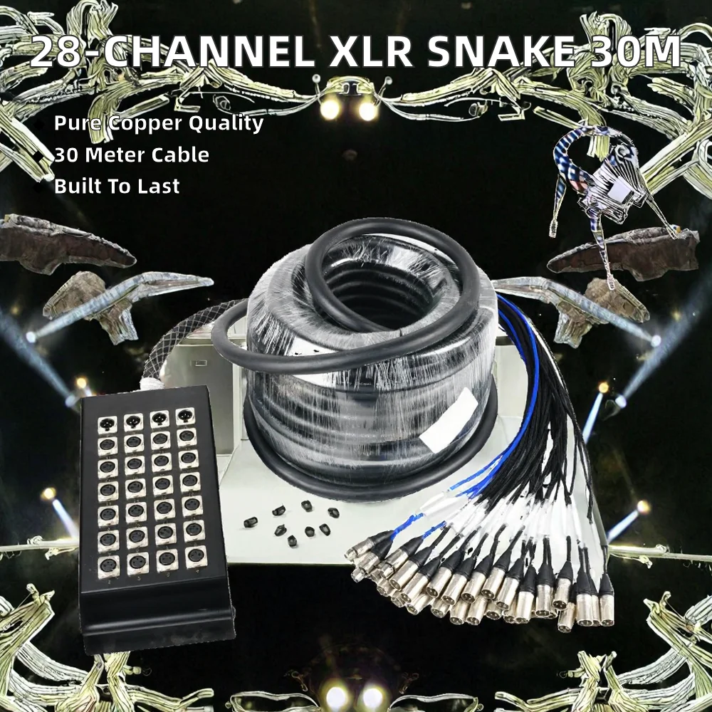 XLR Snake Cable PVC Braid 28 Channels 30m Multicore Audio Stage Box for Live Sound PA System Recording Studio Professional